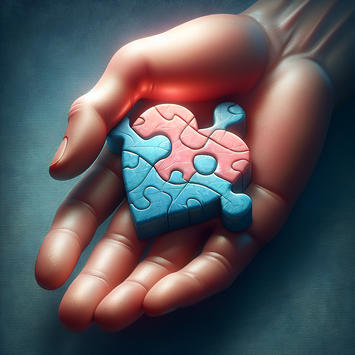 A human hand holding a heart-shaped puzzle piece with care and compassion.