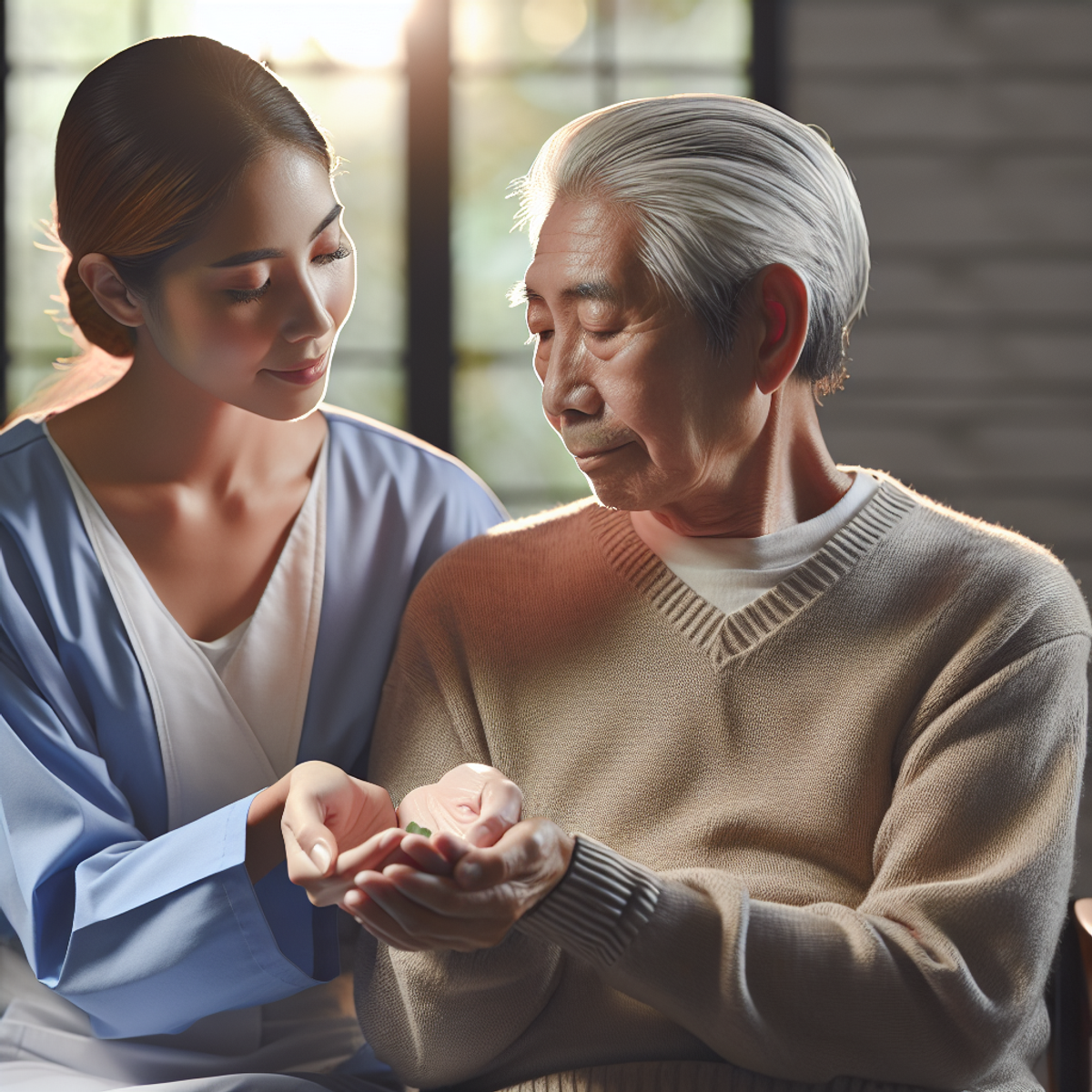 A female caregiver of Middle-Eastern descent gently holds the hands of an elderly Asian man, capturing a moment of compassionate connection in a peace