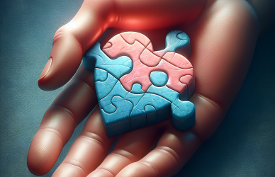 A human hand holding a heart-shaped puzzle piece with care and compassion.